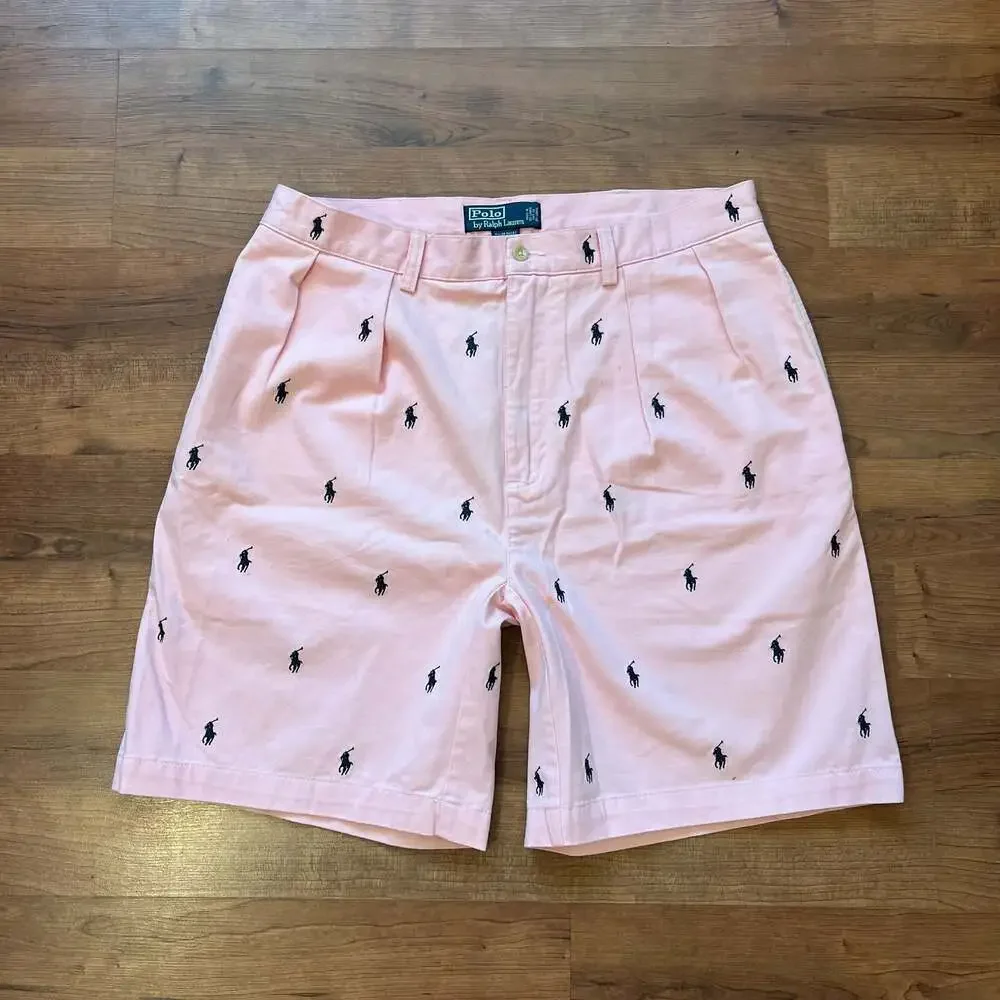 Polo Ralph Lauren Tyler All-Over Pony Print Pink Pleated Chino Shorts Sz 36